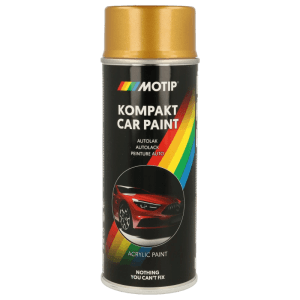 Schwarze Motip Kompakt Lackspraydose mit goldener Kappe für Autoreparatur. Gold Metallic Lack für Karosserie, 400 ml.