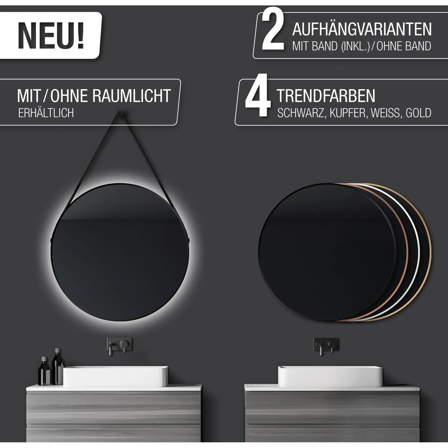 DSK Design LED-Spiegel Silver Barbier, Ø 80 cm, schwarz matt, rund, mit/ohne Raumlicht und Band.