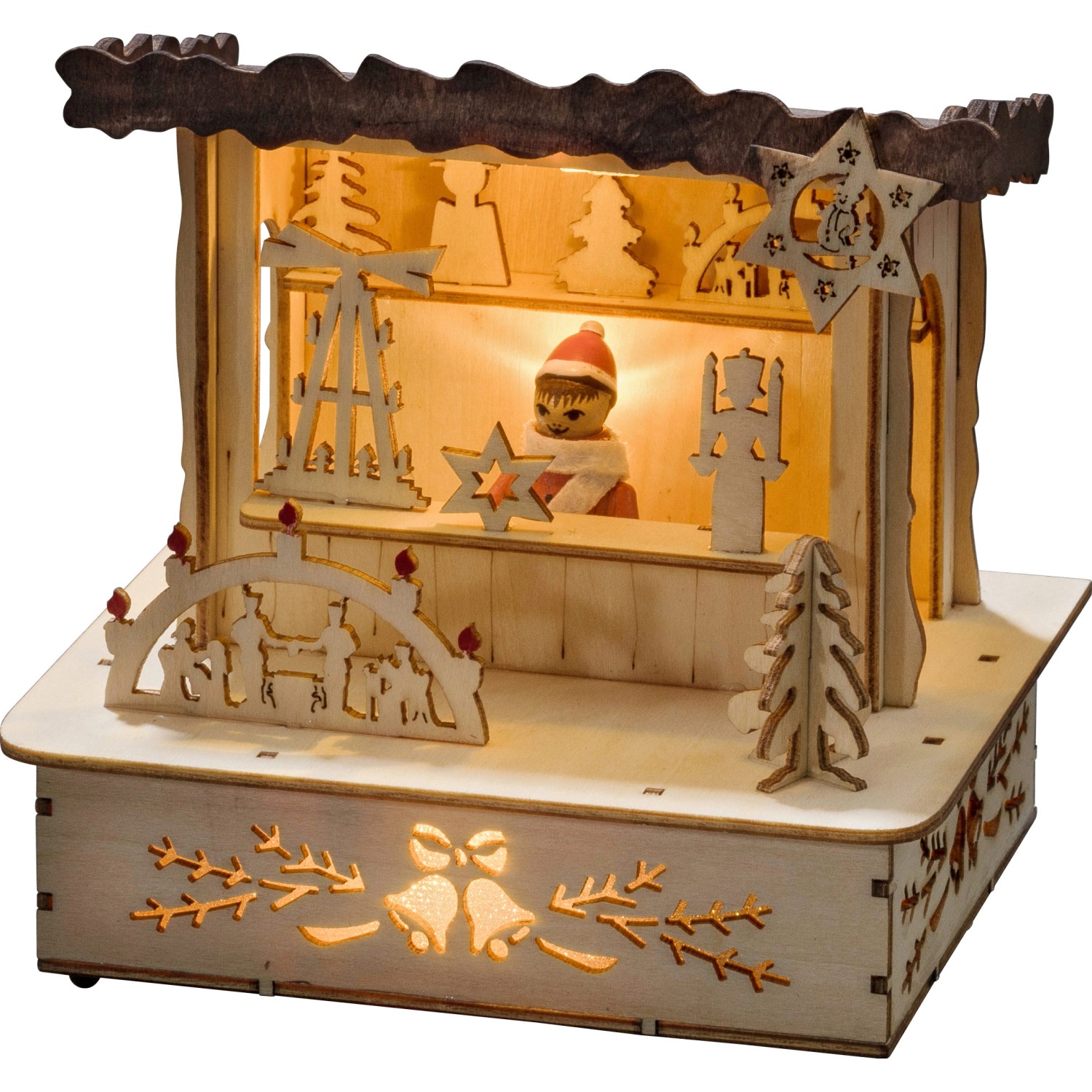 Konstsmide LED Holzsilhouette Marktstand Naturfarben braunes Dach