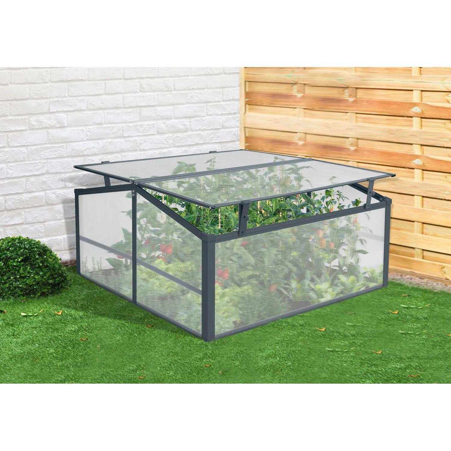 Floraworld Gewächshausaufsatz für Twin-Wall Hochbeet, mit geöffnetem Klappfenster.