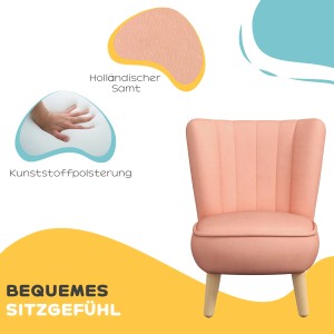 Rosa Kindersessel mit Samtbezug und Holzbeinen für das Kinderzimmer.