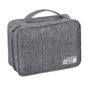Relaxdays Kabeltasche Stoff Grau mit Trennwänden 25 cm x 20 cm x 11 cm