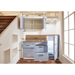 pino Küchenzeile 180cm in Pastellblau mit Geräteschrank rechts, Spüle, Kochfeld und Kühlschrank.