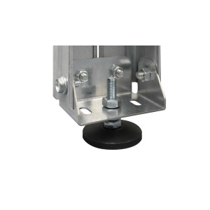 Detailaufnahme: Fuß der AR Shelving Werkbank, höhenverstellbar, verzinkter Stahl.