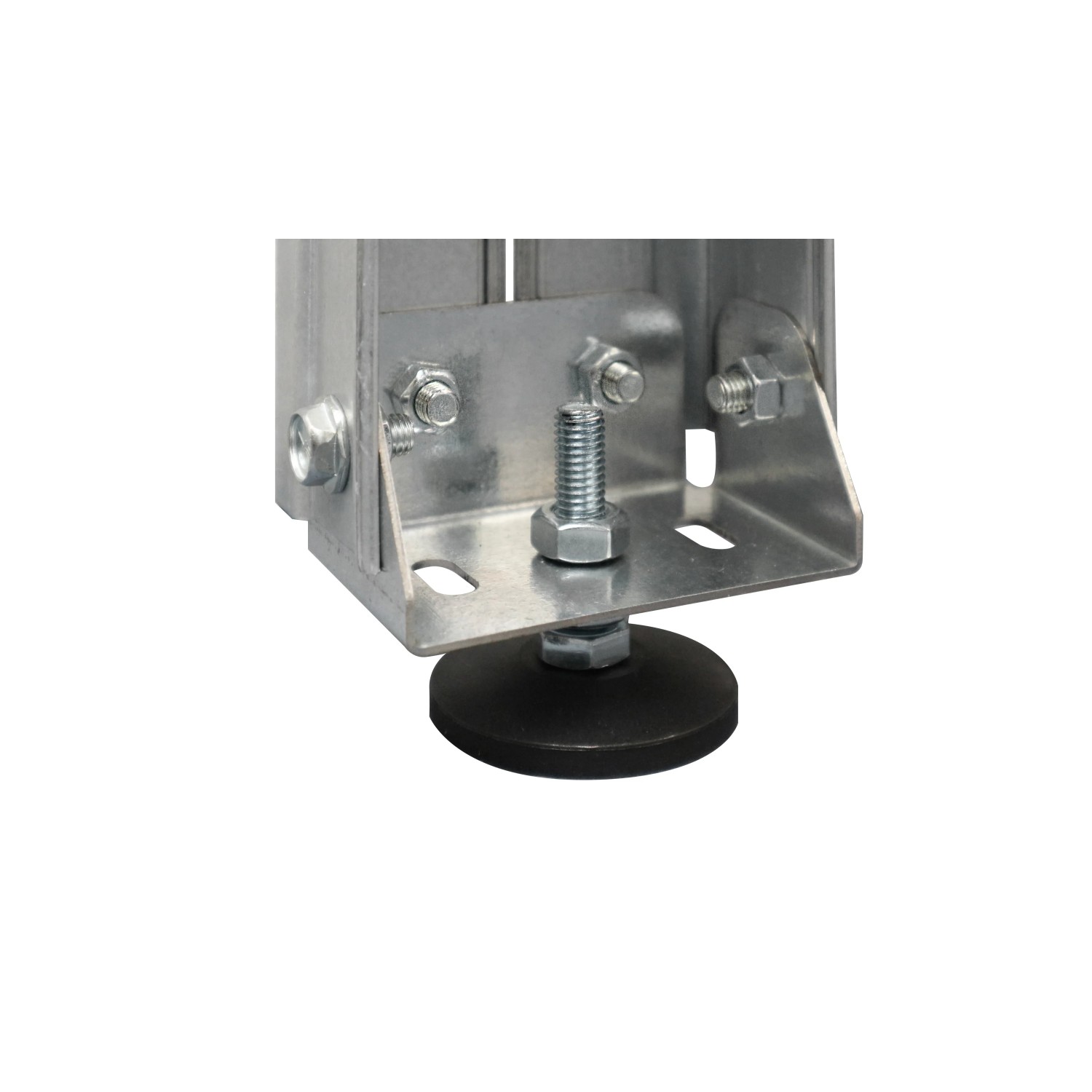 Detailaufnahme: Fuß der AR Shelving Werkbank, höhenverstellbar, verzinkter Stahl.