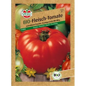 Samenpackung Sperli Bio Fleischtomate mit großer, roter Tomate und Bio-Siegel.