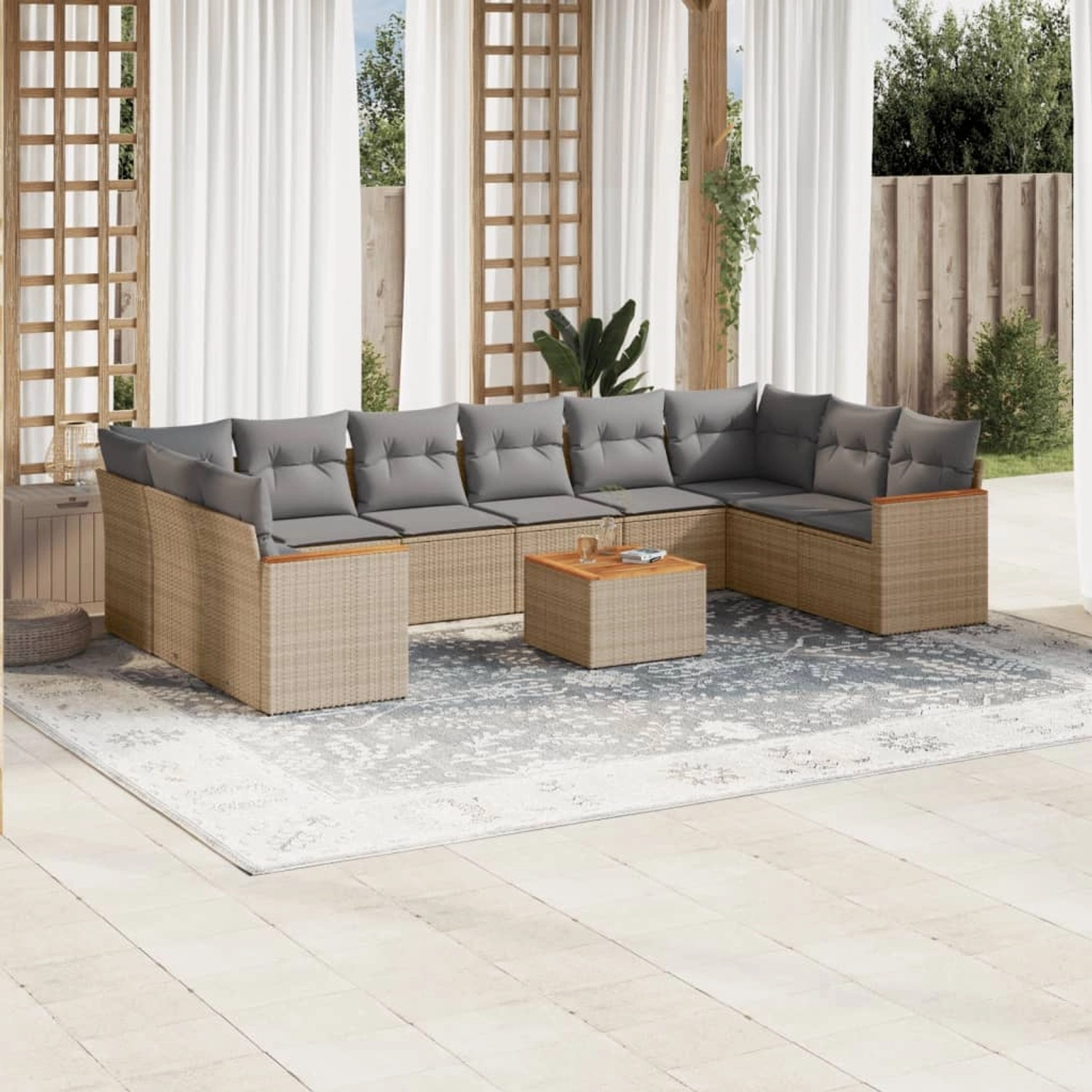 Beige 11-tlg. Garten-Sofagarnitur aus Poly Rattan mit grauen Kissen und Tisch.