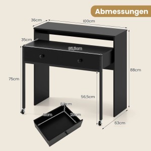 Costway Schreibtisch, ausziehbar, mit Schubladen und Metallrahmen, schwarz, Maße