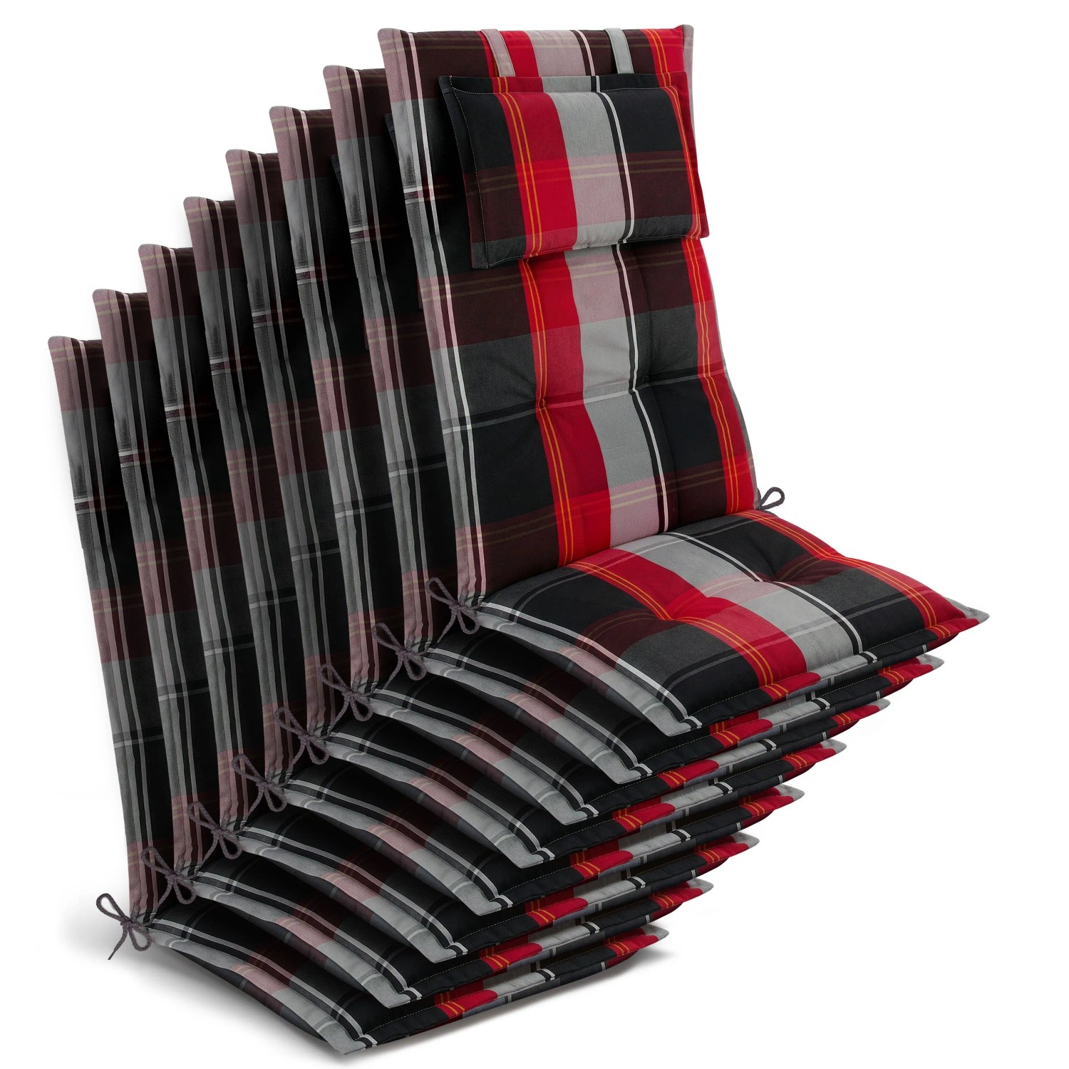 Beautissu 8x Gartenstuhlauflage Hochlehner 120x50x7cm Schwarz-Rot-Weiß-Kariert