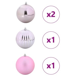 Vier rosa Weihnachtskugeln: 2 glänzend, 1 gerippt, 1 matt. Großes Set für festliche Weihnachtsbaum-Deko.