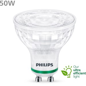 Philips GU10 LED Leuchtmittel, 2,4W, warmweiß, für energiesparende Beleuchtung im Wohnbereich.