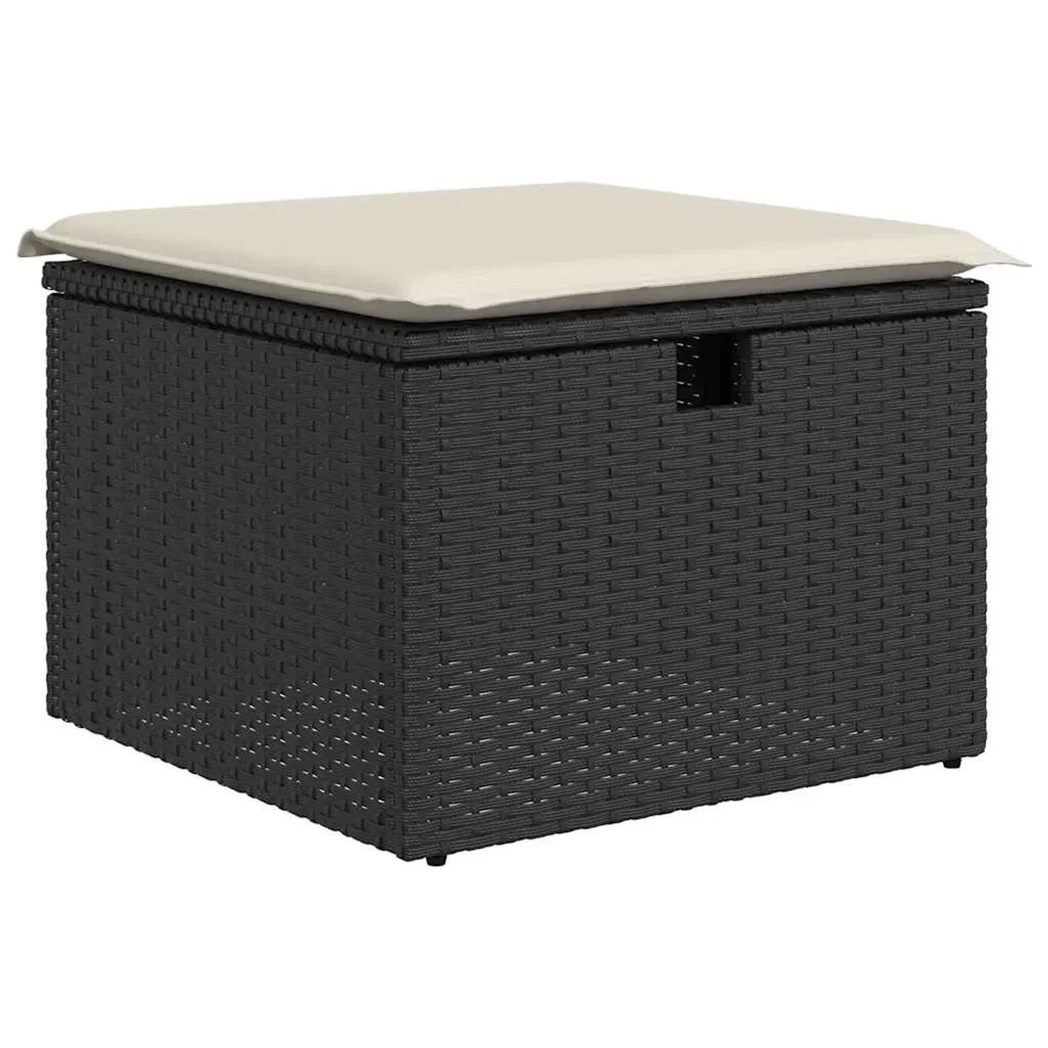 Schwarzer vidaXL Garten-Fußhocker aus Rattan mit creme-weißem Kissen als Teil einer Sofagarnitur.