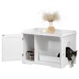 Weißer PawHut Katzenschrank mit Katzentoilette und Katze, Tür offen, Ablage mit Deko.