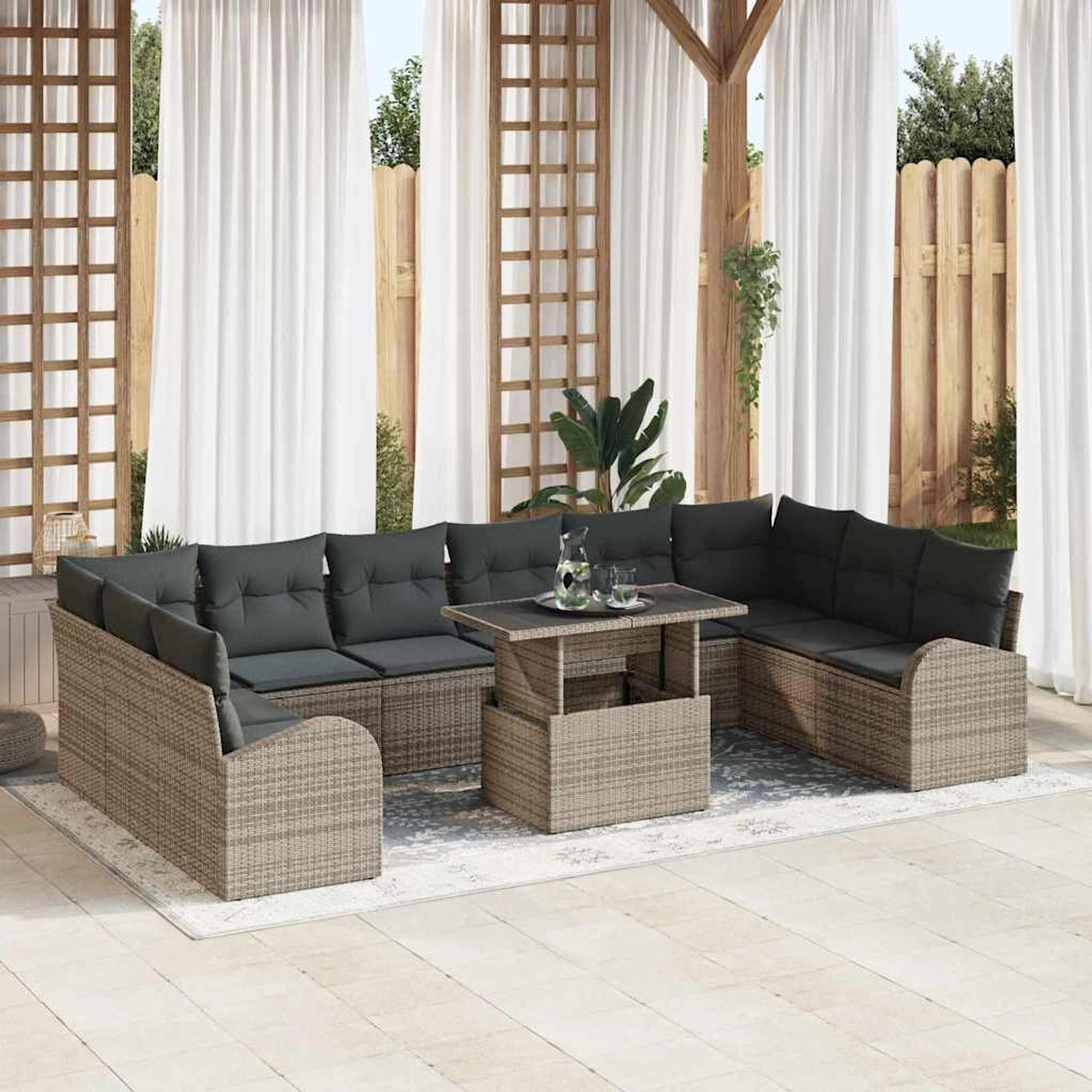 Graues 11-teiliges vidaXL Garten-Sofa-Set mit Tisch aus Polyrattan.