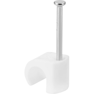 Weiße Nagelschelle (7-10 mm) mit Nagel zur Kabelbefestigung.