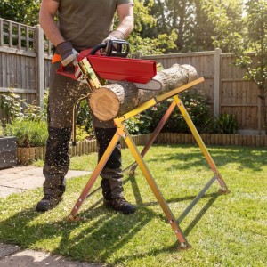 Mann sägt Holz mit Kettensäge auf verzinktem, zusammenklappbarem Wiltec Sägebock im Garten. Sicherer Arbeitsbock für Brennholz.