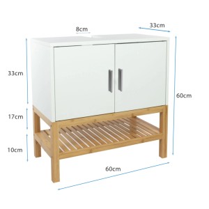 Weißer Waschbeckenunterschrank Osaka aus MDF mit Bambusgestell und Lamellenablage. Badschrank 60x60x33cm.