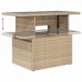 Beiger Poly-Rattan Gartentisch mit Glasplatte, höhenverstellbar. Ideal für Gartenmöbel-Sets.