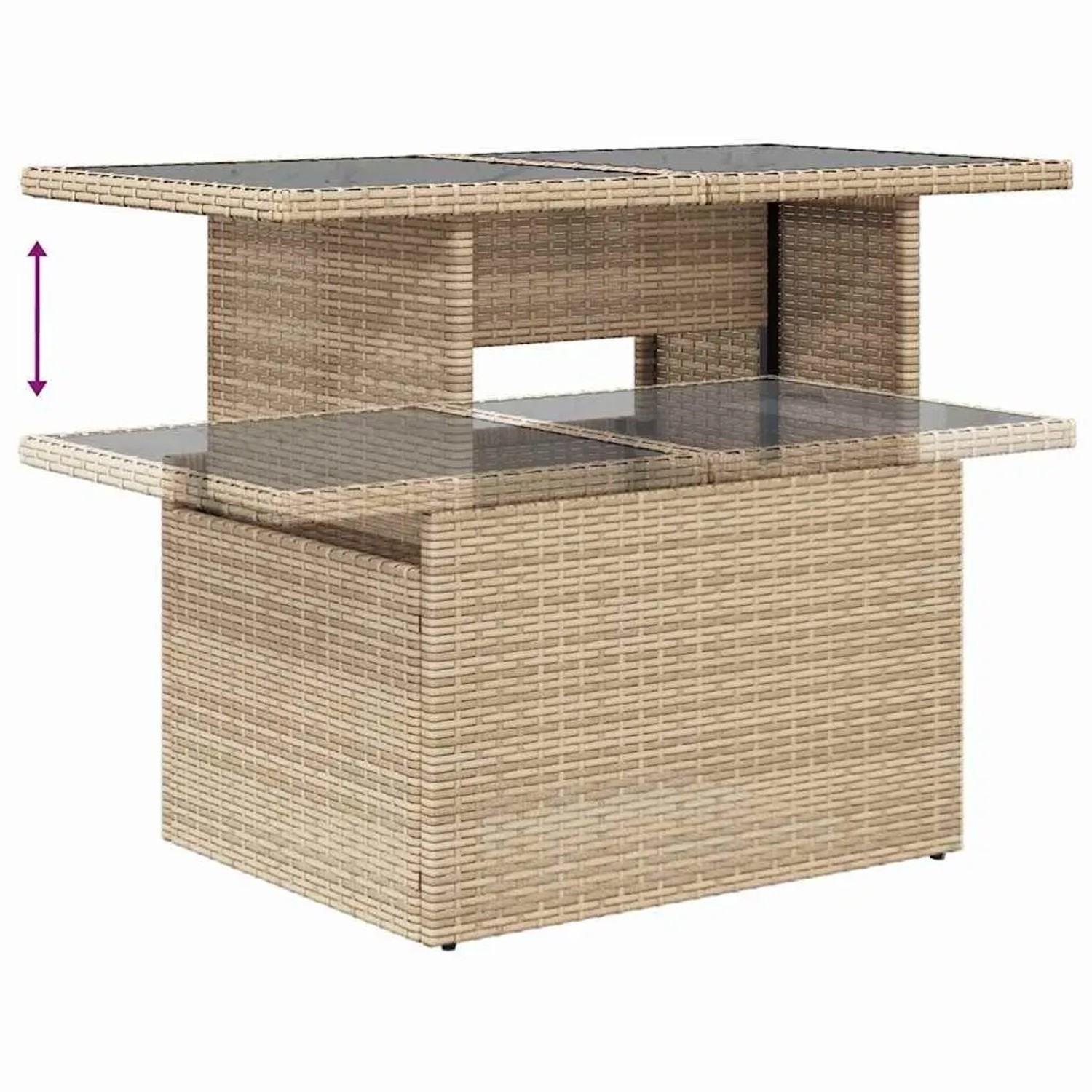 Beiger Poly-Rattan Gartentisch mit Glasplatte, höhenverstellbar. Ideal für Gartenmöbel-Sets.