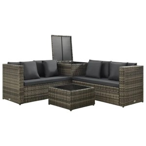 Graues 4-tlg. vidaXL Garten Lounge Set aus Rattan mit Auflagen und Tisch.