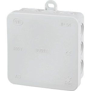 Grauer Aufputz Abzweigkasten, 85x85mm, IP54, mit 12 Anschlussmöglichkeiten für Innen- und Außenbereich.