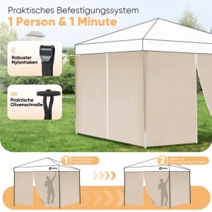 Beige Pavillonseitenteile mit Reißverschluss, Befestigungssystem (Nylonhaken, Olivenschnallen) für 3x3m Pavillon.