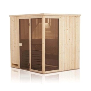 Finntherm Sauna Oda aus Fichte, naturbelassen, mit Glastür und Saunaliegen.