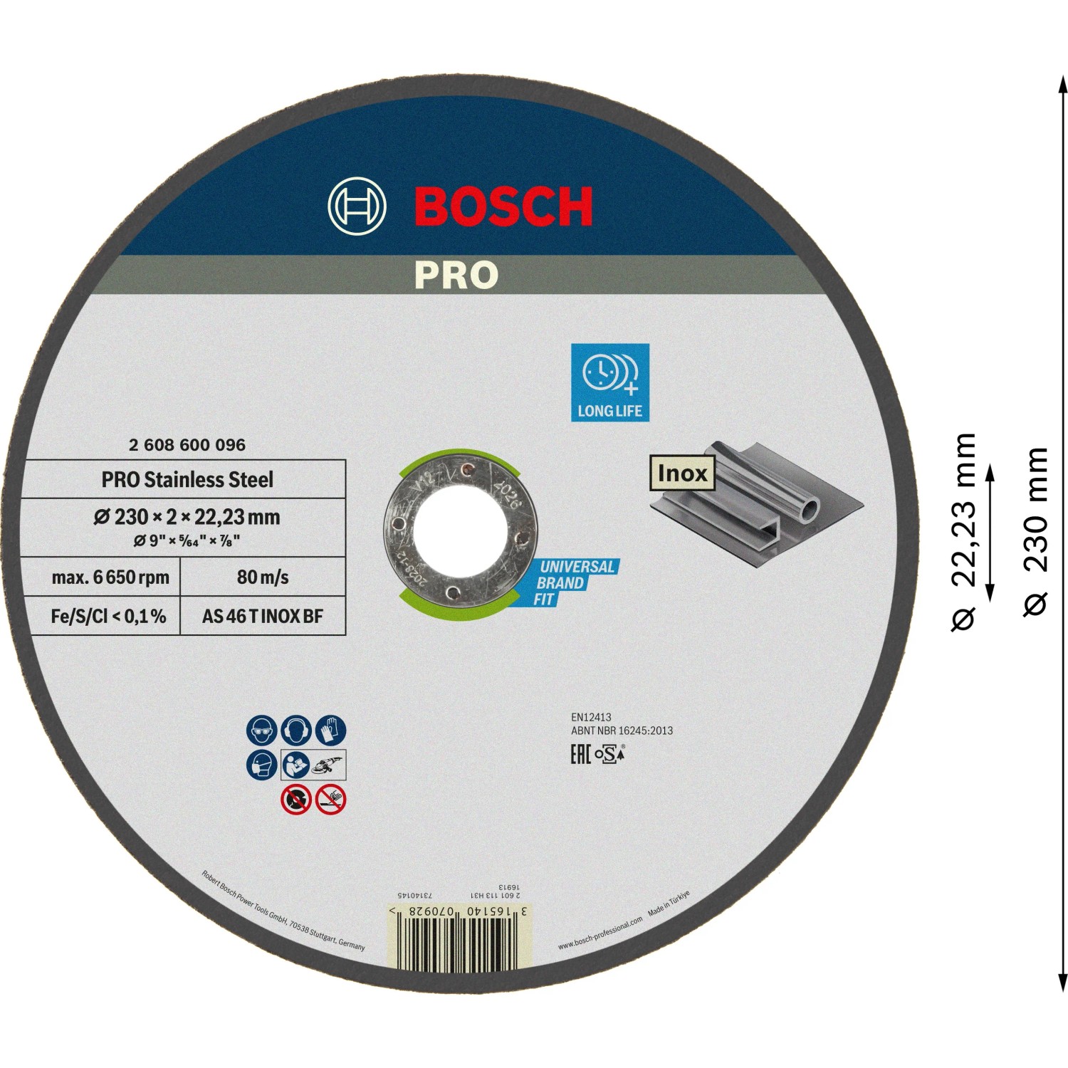 Bosch Schleif-Trennscheibe Inox, 230mm Durchmesser, für Winkelschleifer. Zum Trennen von Stahl.