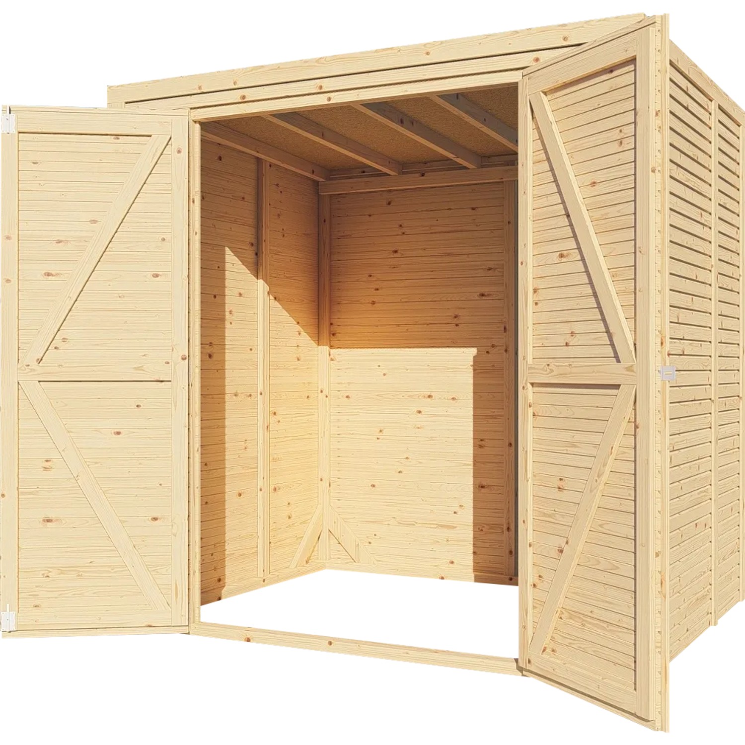 Offenes, naturbelassenes Bertilo Holz-Gartenhaus Box 2 (208x157cm) aus FSC®-zertifiziertem Holz.