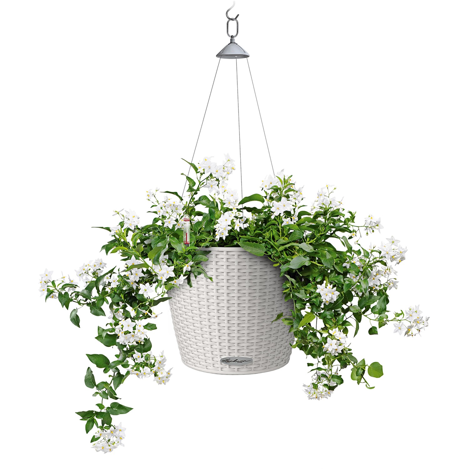 Lechuza Nido Cottage Blumenampel, Ø 27cm, lichtgrau, mit weißen Blüten.