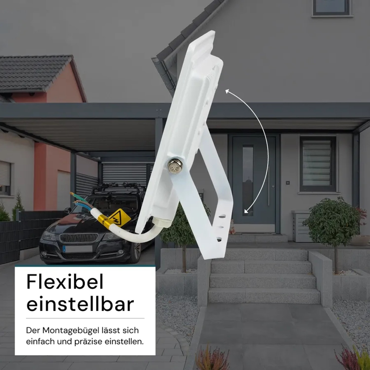 Weißer LUXULA LED Strahler 50W mit flexiblem Haltebügel zur Ausrichtung als Flutlichtstrahler.