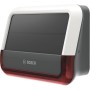 Bosch Smart Home Außensirene mit Solarpanel für Alarmanlagen, Gehäuse in Weiß, Grau und Rot.