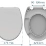 Schütte WC-Sitz Duroplast Grau mit Absenkautomatik und Schnellverschluss, Maße dargestellt.