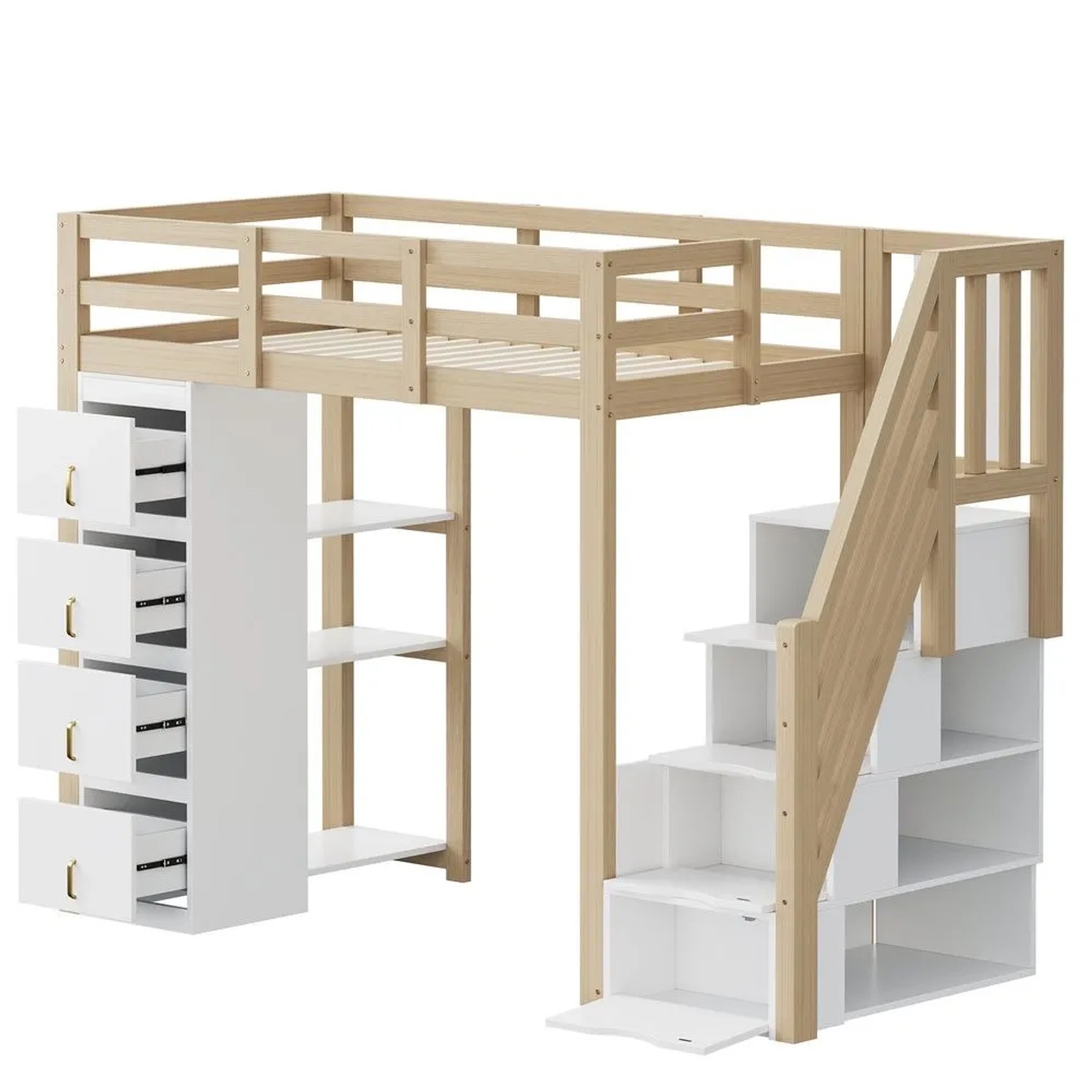 KOMHTOM Hochbett 90x200Cm Mit Mehrstufigen Regalen Sicherer Leiter Mit Schubladen Massivholz Weiß-Holzfarben ohne Matratze