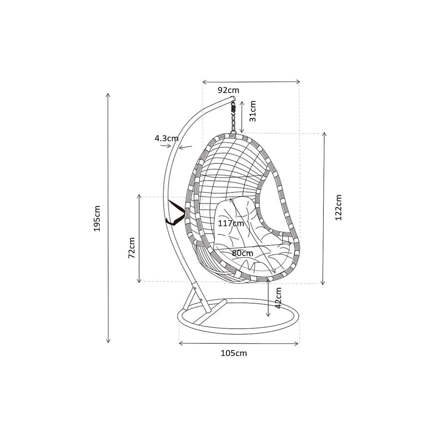 Technische Zeichnung des Vente-unique Hängesessels Zalo mit detaillierten Maßen: 195cm Höhe, 105cm Breite.