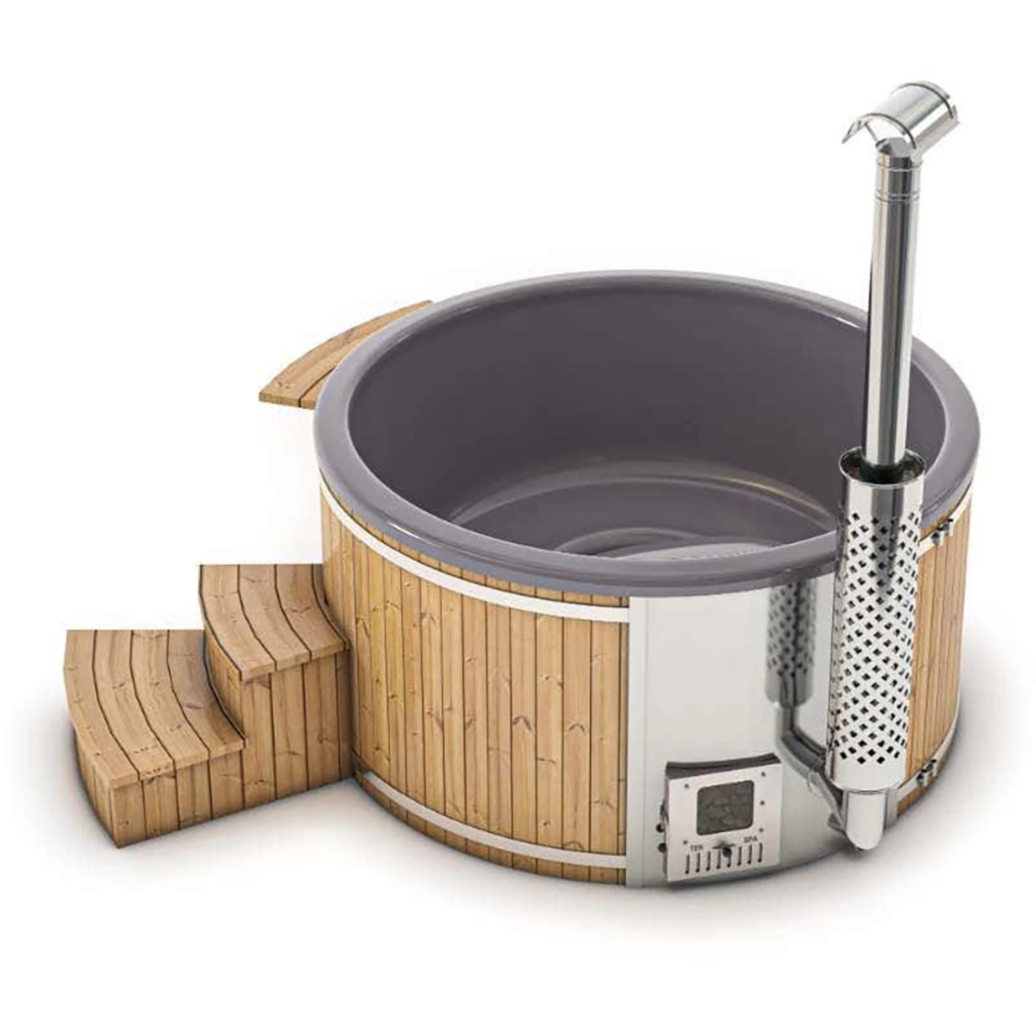 Finntherm Holz Badefass Stockholm Thermoholz Ø 200 cm VA-Ofen 30 kW Grau_3