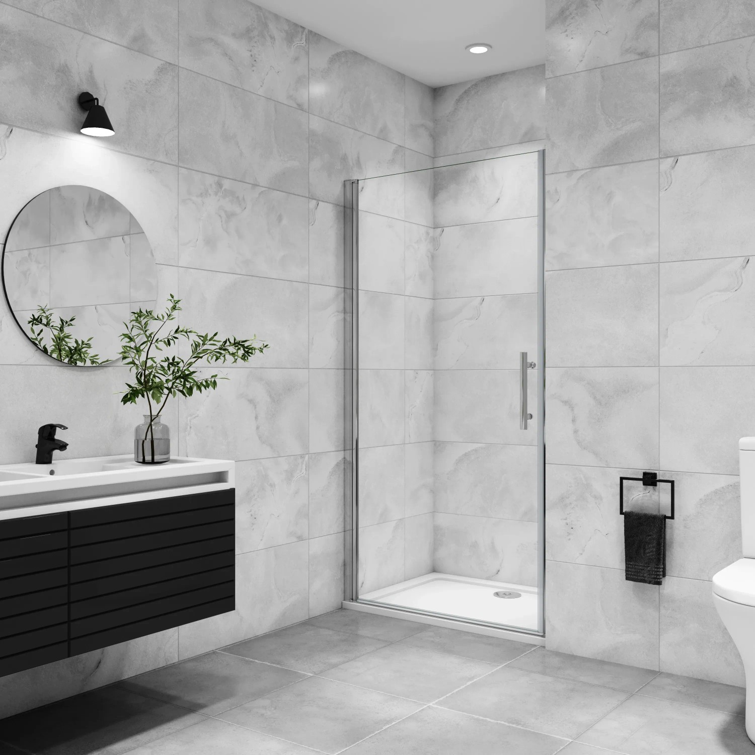 AICA Nischentür 100x180cm mit Drehtür aus Klarglas in chromfarbenem Rahmen. Duschabtrennung im Badezimmer.