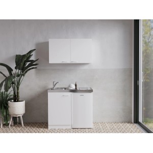 Respekta Miniküche MK100WOSC, 100 cm, Weiß, mit Kühlschrank, Kochfeld und Oberschrank.