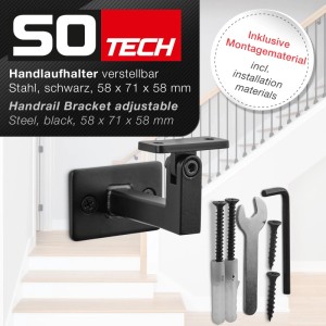 Schwarzer, verstellbarer SOTECH Handlaufhalter aus Stahl für eckige Handläufe, inkl. Montagematerial. Für Treppen & Geländer.