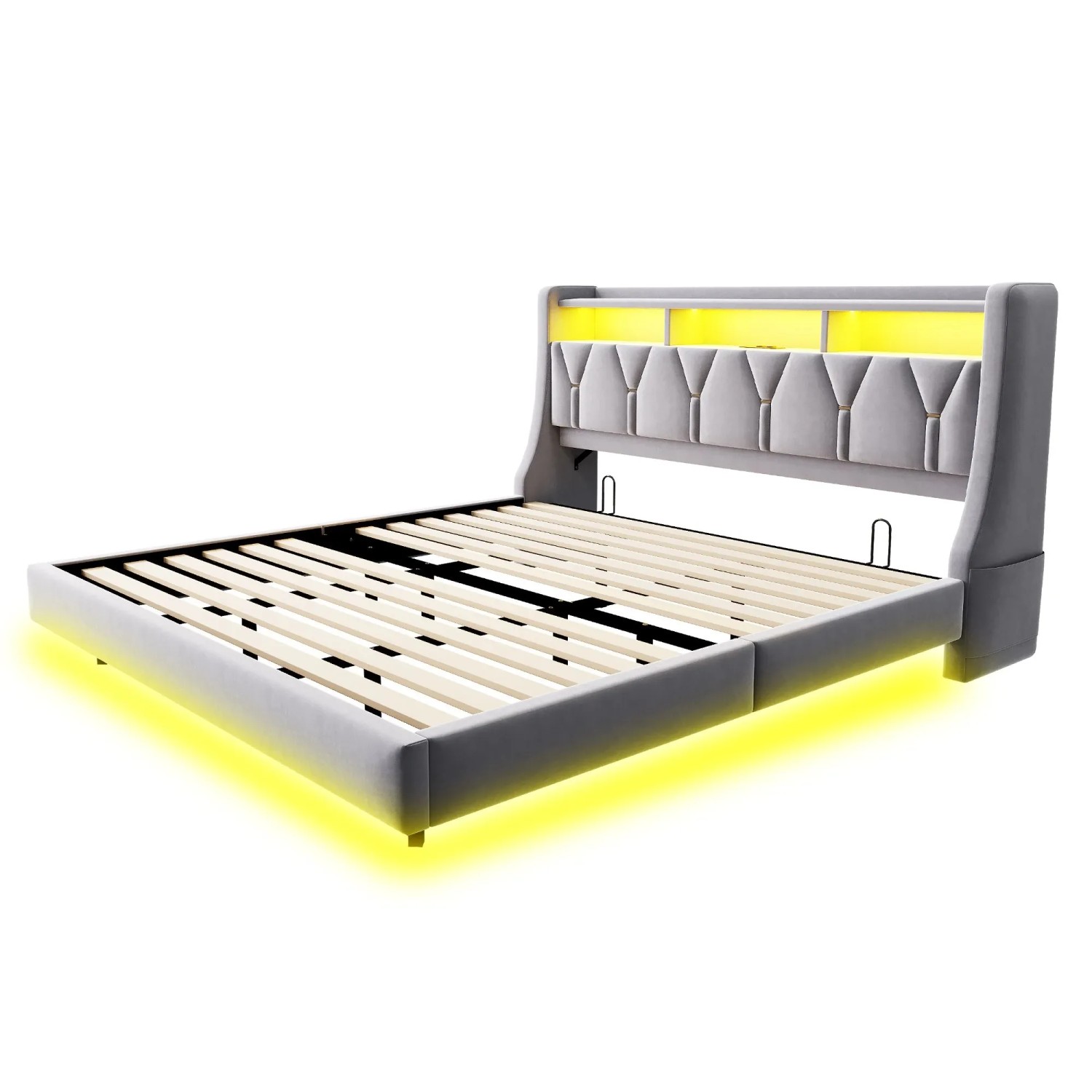 okwish Polsterbett 180x200cm mit LED Steckdose Ablage Schlafzimmer Hellgrau ohne Matratze