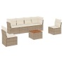 Beige 7-tlg. Garten-Sofagarnitur aus Rattan mit Kissen. Gartenmöbel-Set mit Tisch und Staufächern.