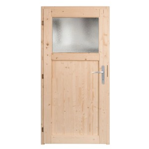Nebeneingangstür Panto NET 501 aus Holz, Natur, mit Lichtausschnitt und Ornamentglas.