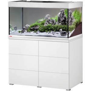 Eheim Aquarium-Kombination Proxima TEC 250 Weiß mit Unterschrank, bepflanzt und dekoriert.