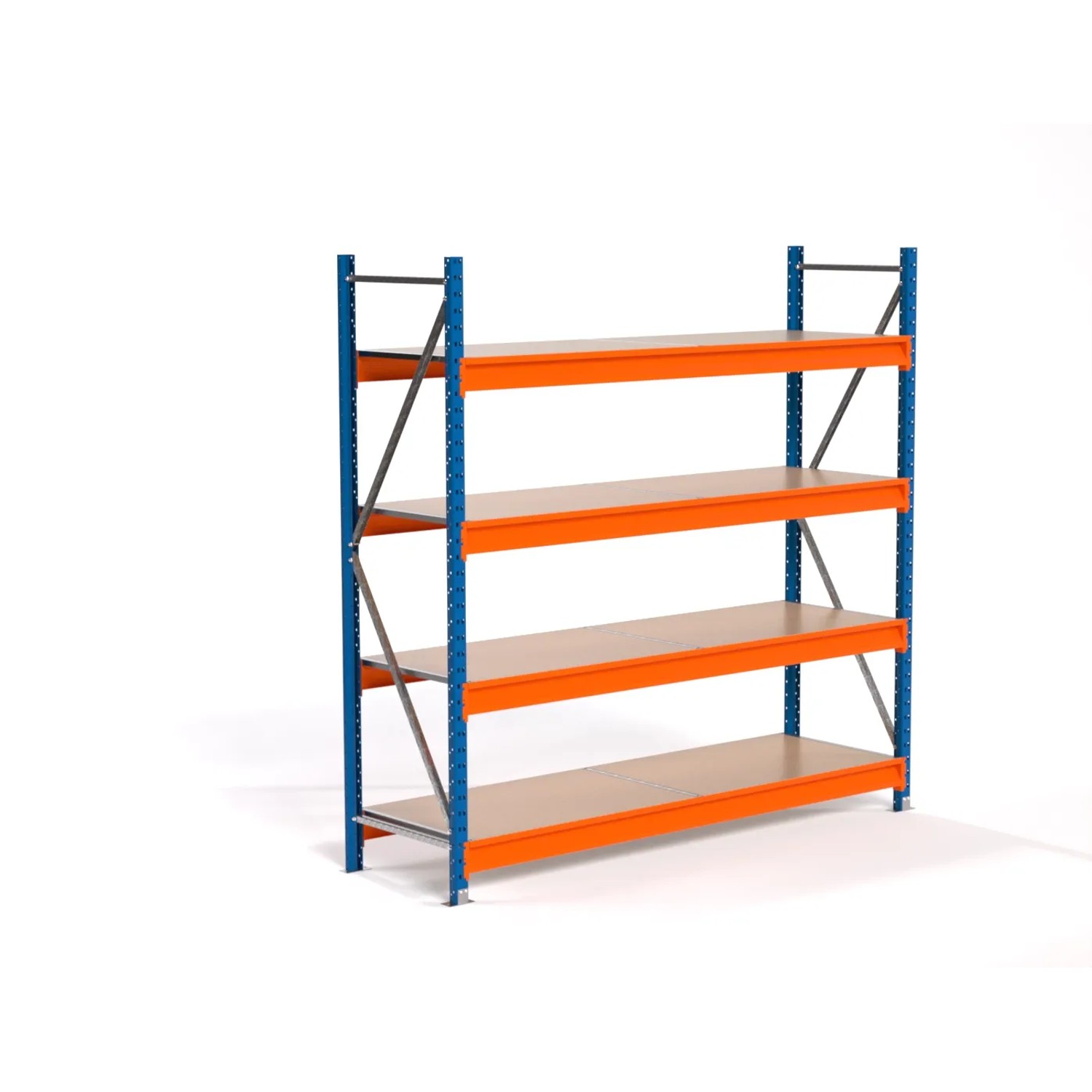 PROREGAL Industrie Weitspannregal Lagerregal MAXIMUS PRO Grundregal HxBxT 200x200x60cm 4 Spanplatten-Fachboden Fachlast 690kg Blau/Orange