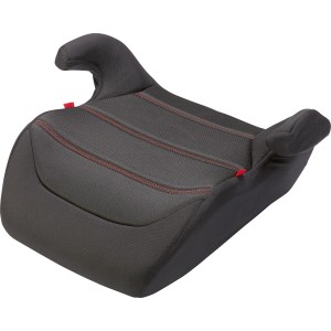 Kindersitzerhöhung Ella, schwarz mit roten Ziernähten, für sicheren Transport von Kindern im Auto.