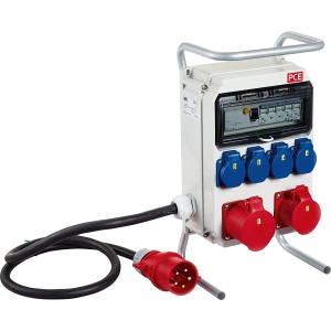 Baustromverteiler IP44 mit 6 Steckdosen (4x Schuko, 2x CEE) und Tragegriff für Baustellen.