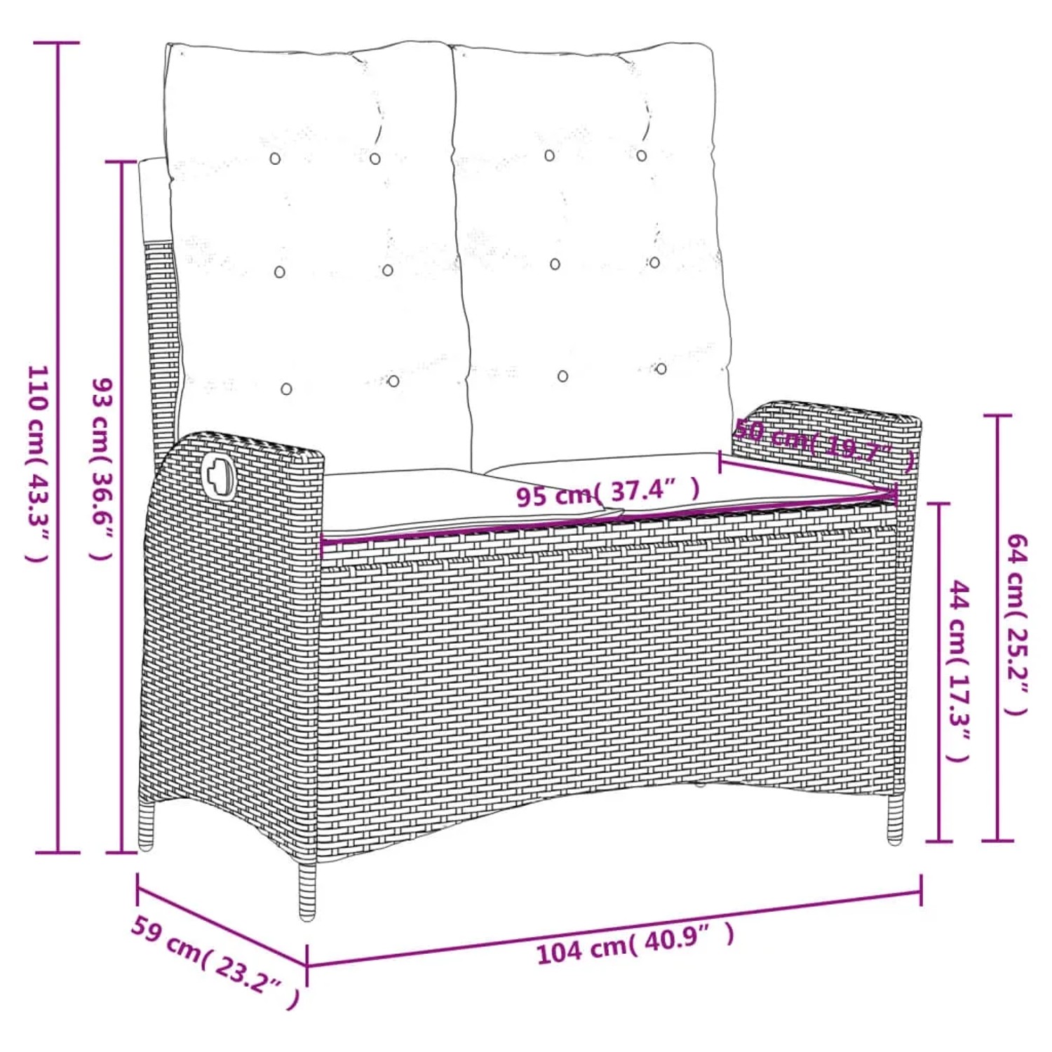 vidaXL Garten-Essgruppe, 4-tlg., schwarz, Poly Rattan, mit Maßen der Relaxbank