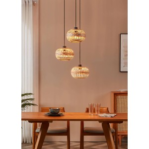 Eglo Pendelleuchte Amsfield 1, 3-flammig, schwarz, Bambus-Holzgeflecht, Ø 48 cm. Hängelampe für Wohnzimmer & Esszimmer.