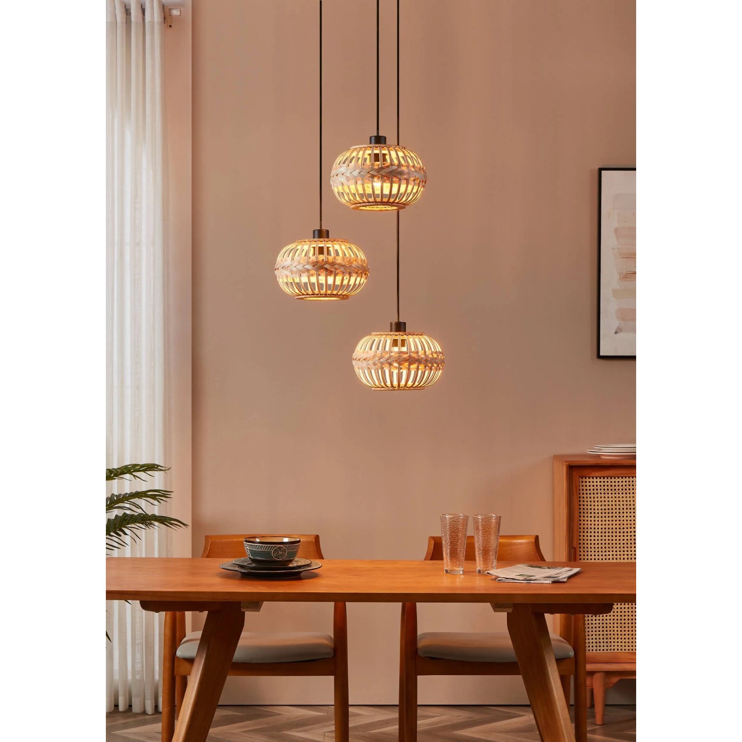 Eglo Pendelleuchte Amsfield 1, 3-flammig, schwarz, Bambus-Holzgeflecht, Ø 48 cm. Hängelampe für Wohnzimmer & Esszimmer.