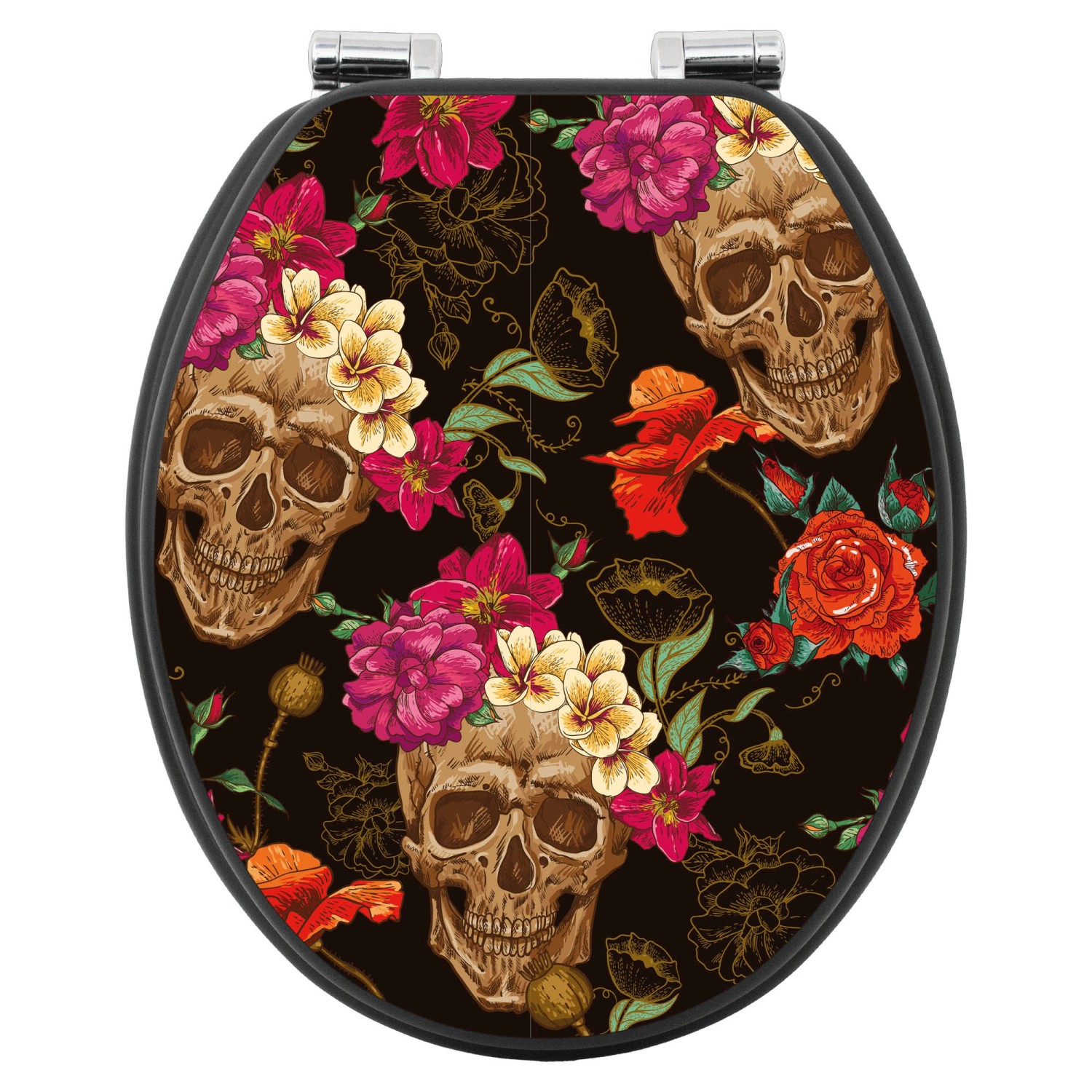 Banjado WC-Sitz Anthrazit mit Totenkopf- und Blumenmotiv, Absenkautomatik, MDF